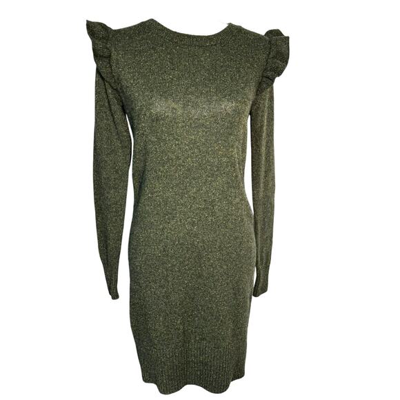 CLUB MONACO Small Green Italian Yarn Wool Silk Long Sleeve Ruffle Sweater Dress - Picture 2 of 9
